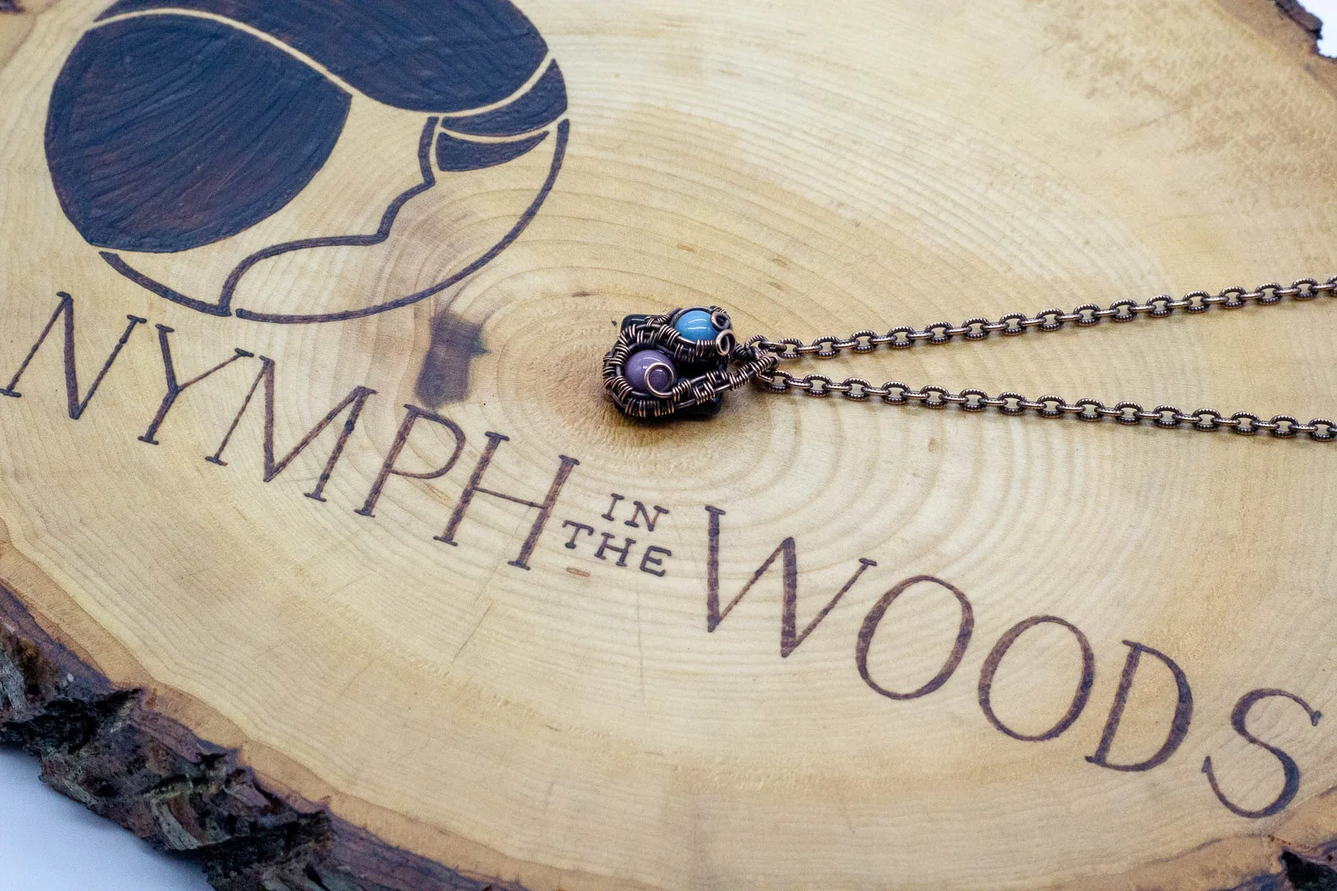 Blue and Purple Mini Pendant with Copper Wire Wrapping