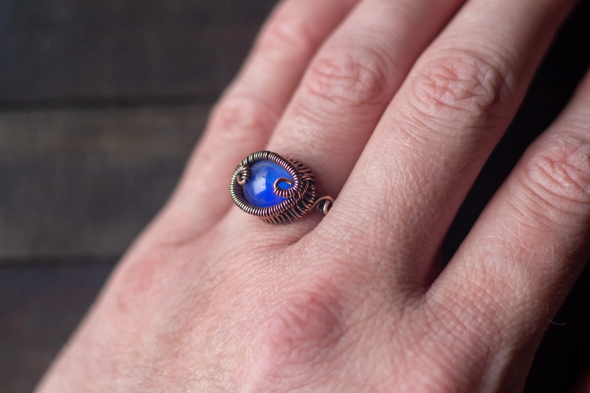 Blue Fused Glass and Copper Wire Wrapped Ring