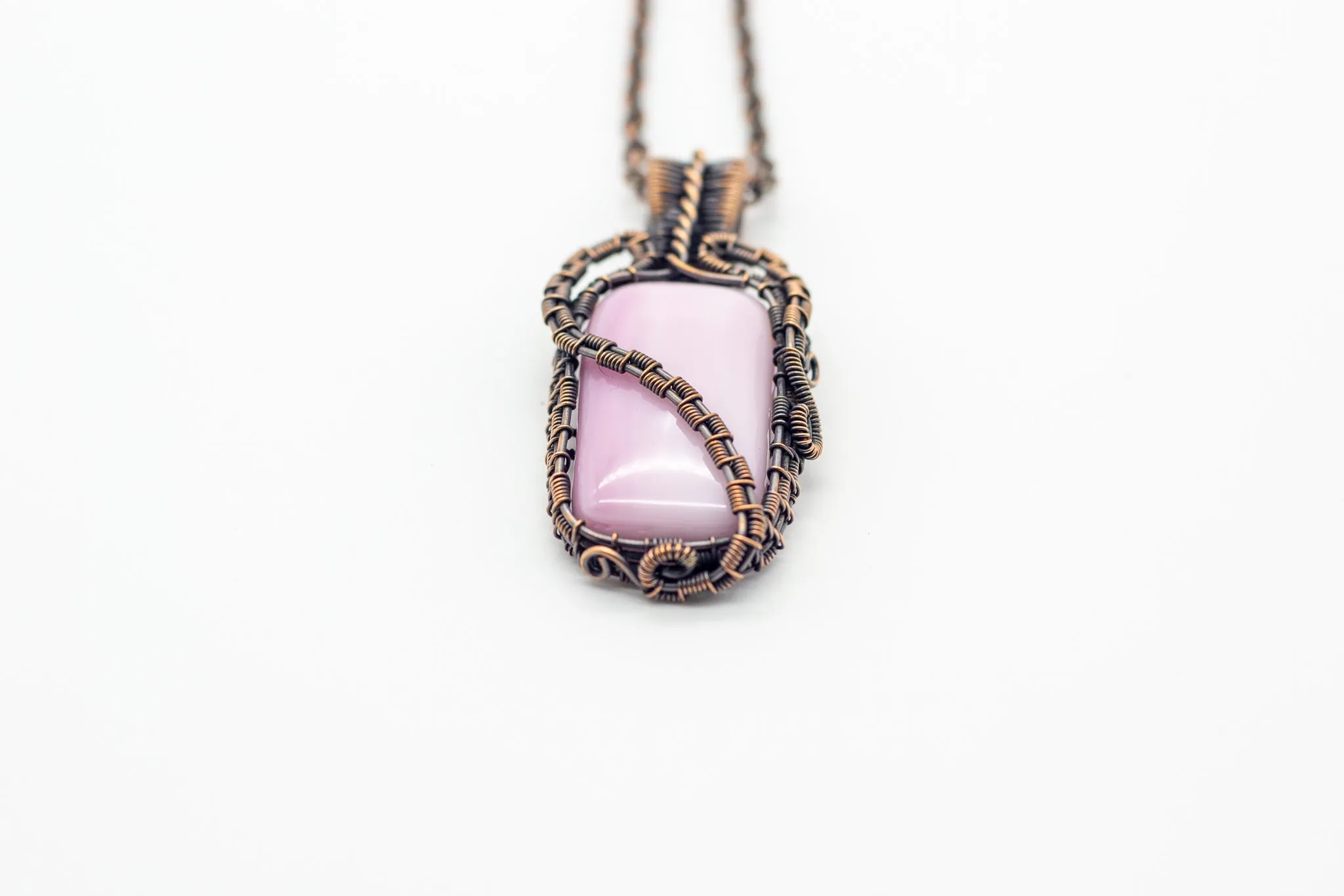 Blush Pink Fused Glass Pendant with Copper Wire Wrapping