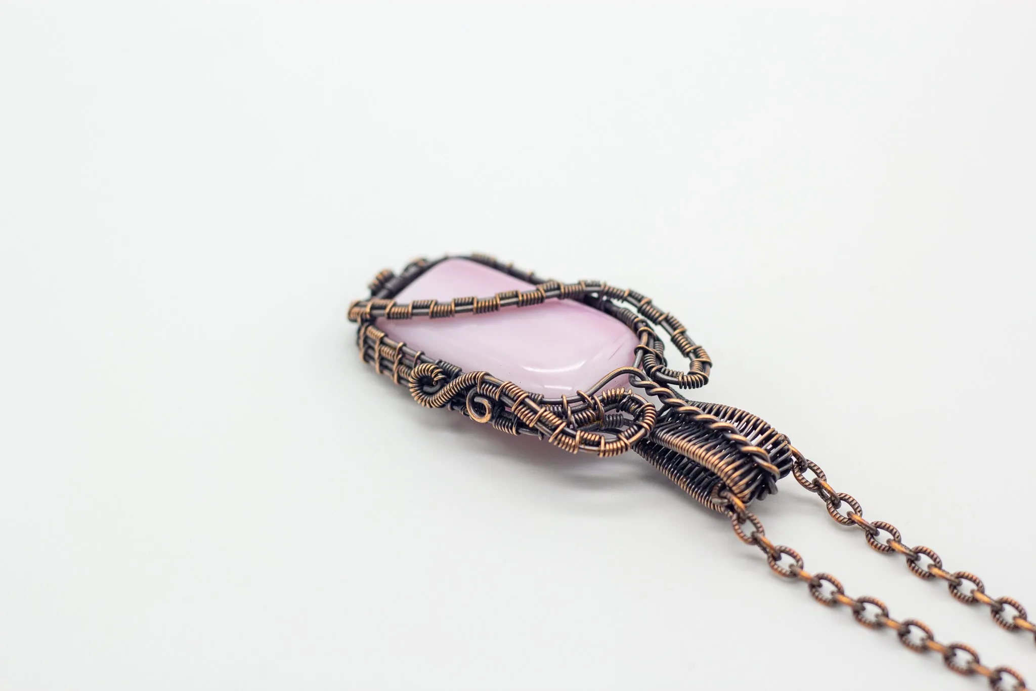 Blush Pink Fused Glass Pendant with Copper Wire Wrapping