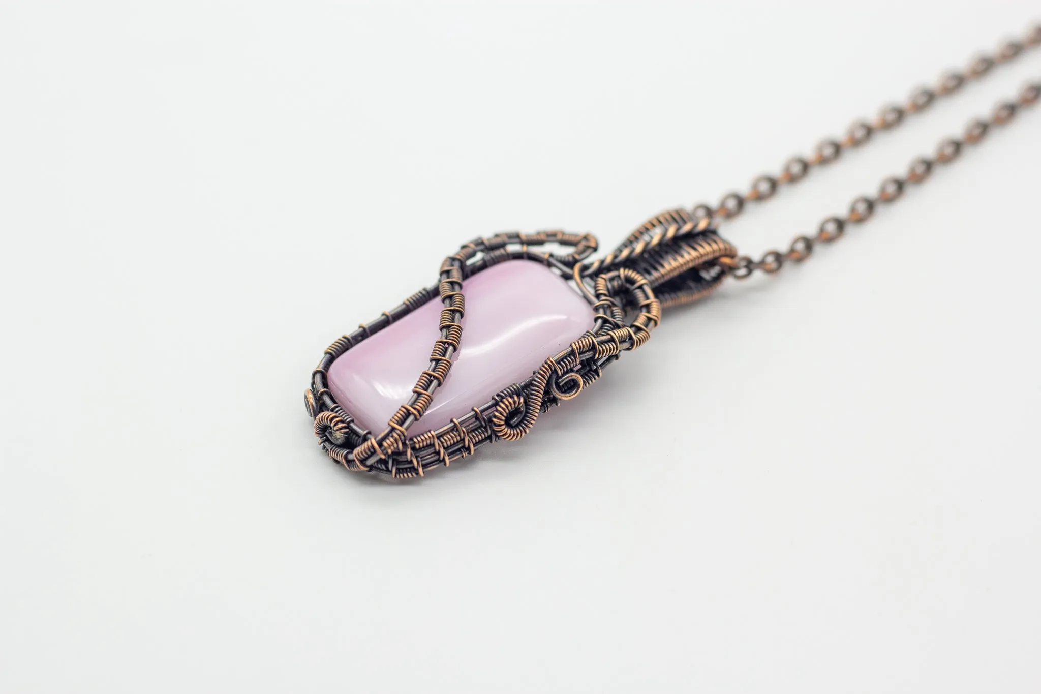 Blush Pink Fused Glass Pendant with Copper Wire Wrapping
