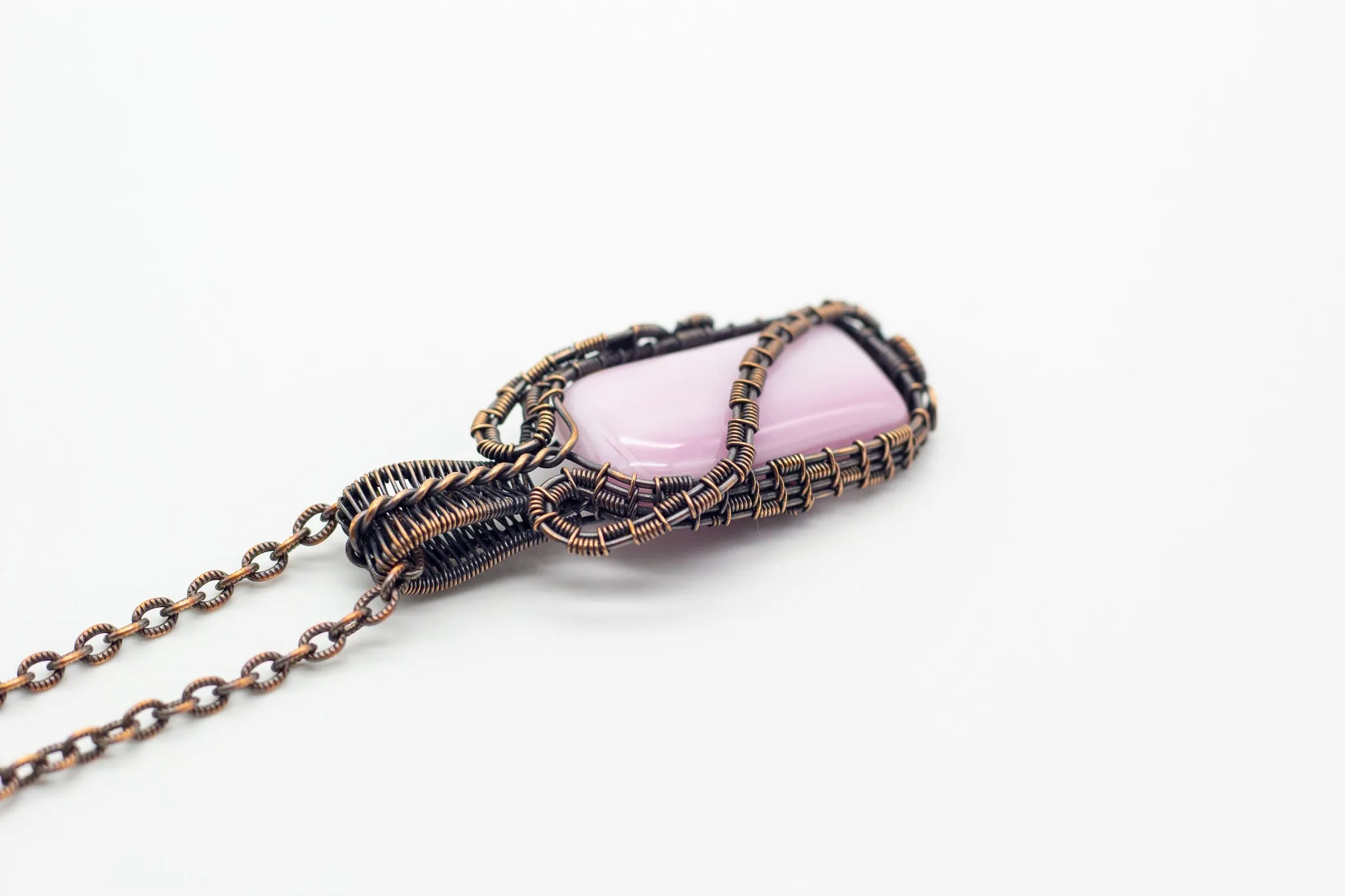 Blush Pink Fused Glass Pendant with Copper Wire Wrapping