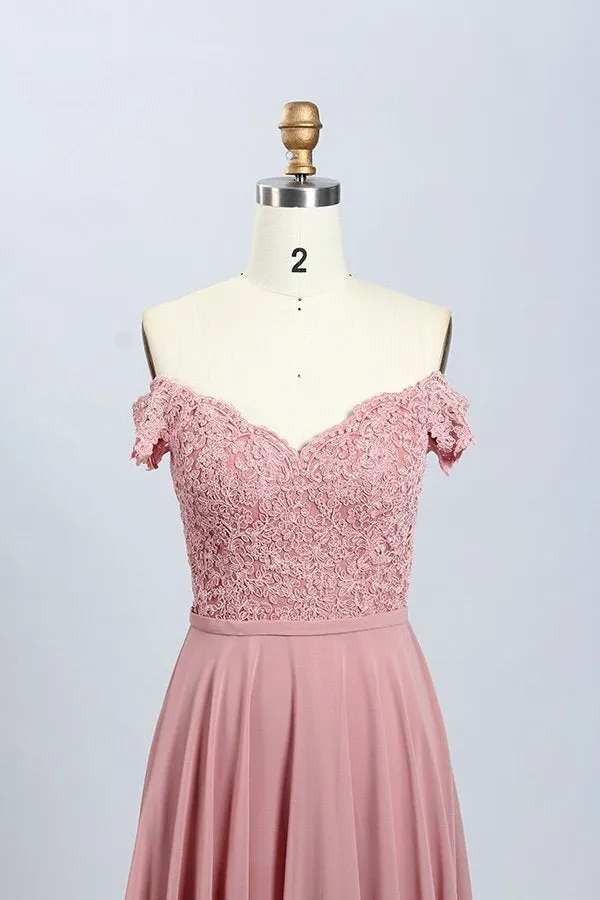 Blush Pink Off the Shoulder Lace Appliques Mermaid Long Formal Dress