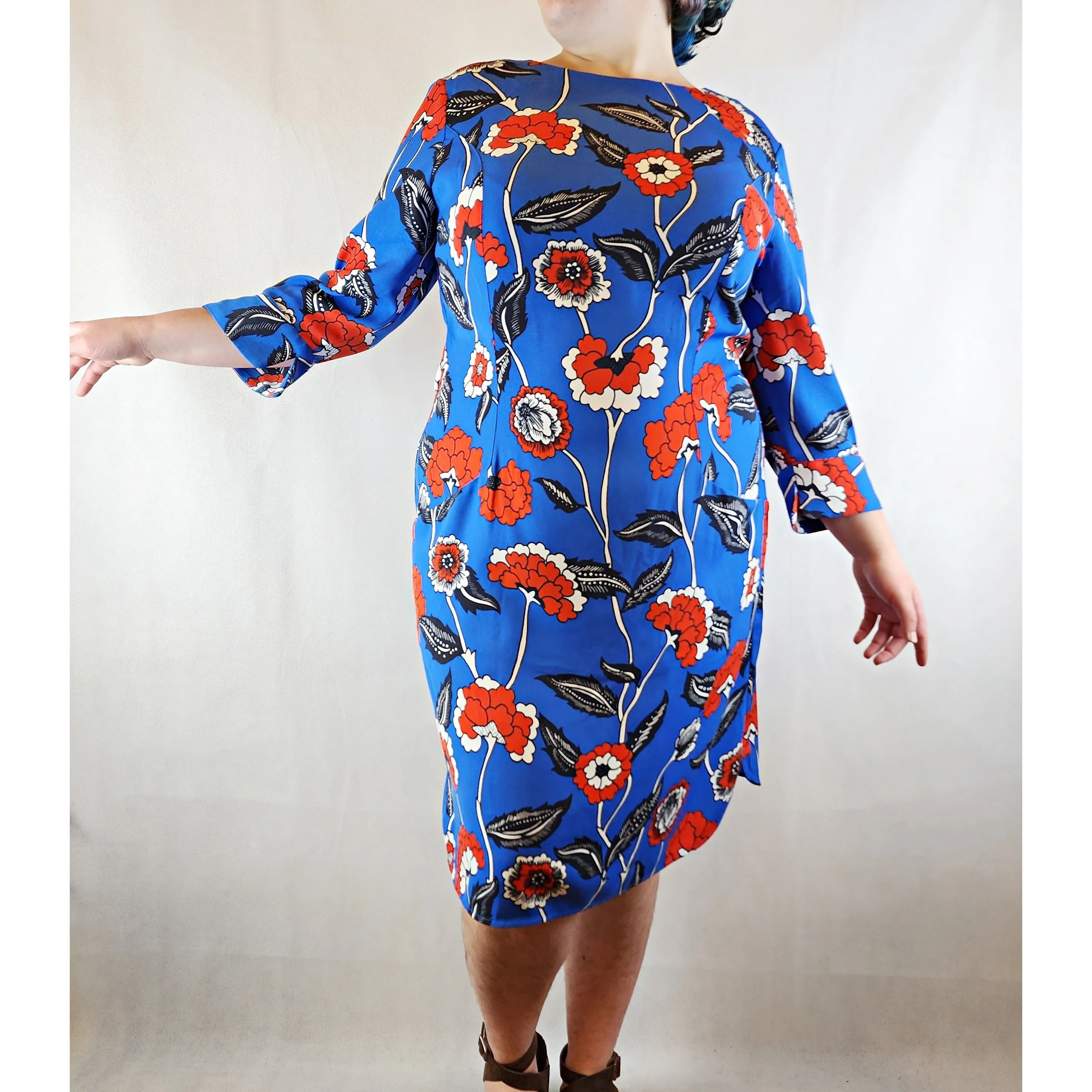 Boden blue long sleeve retro style floral print dress size UK 18 (best fits size 14)