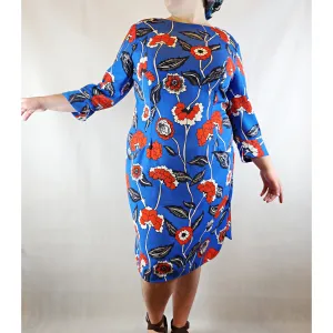 Boden blue long sleeve retro style floral print dress size UK 18 (best fits size 14)
