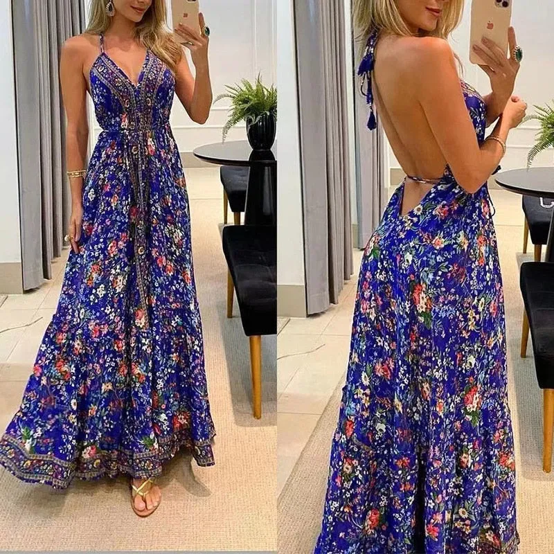 Boho Backless Maxi Dress - multiple prints