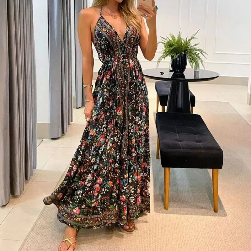 Boho Backless Maxi Dress - multiple prints