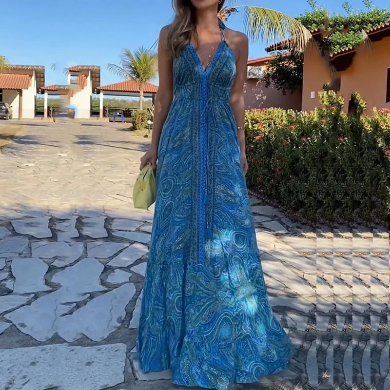 Boho Backless Maxi Dress - multiple prints