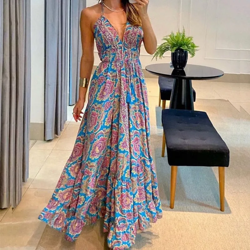 Boho Backless Maxi Dress - multiple prints