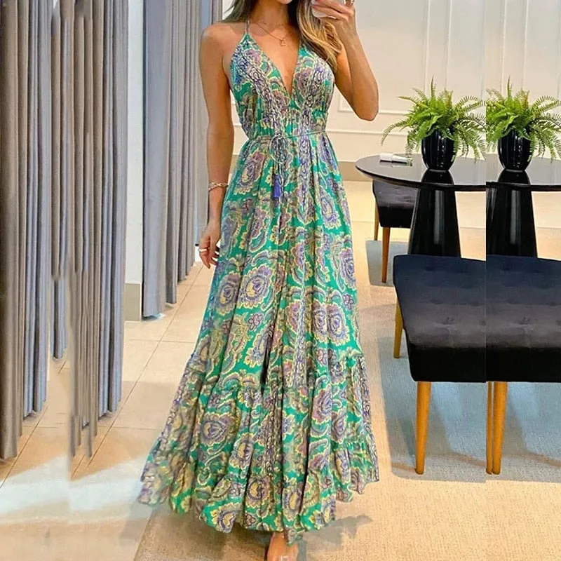 Boho Backless Maxi Dress - multiple prints