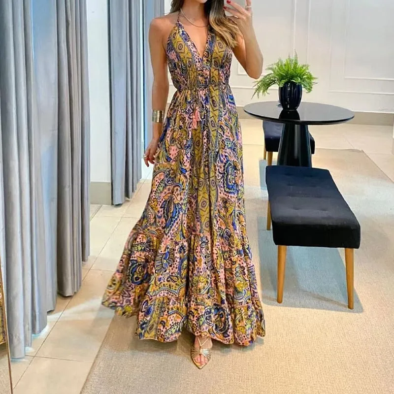 Boho Backless Maxi Dress - multiple prints