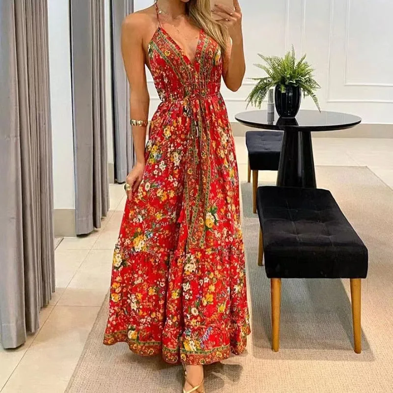 Boho Backless Maxi Dress - multiple prints