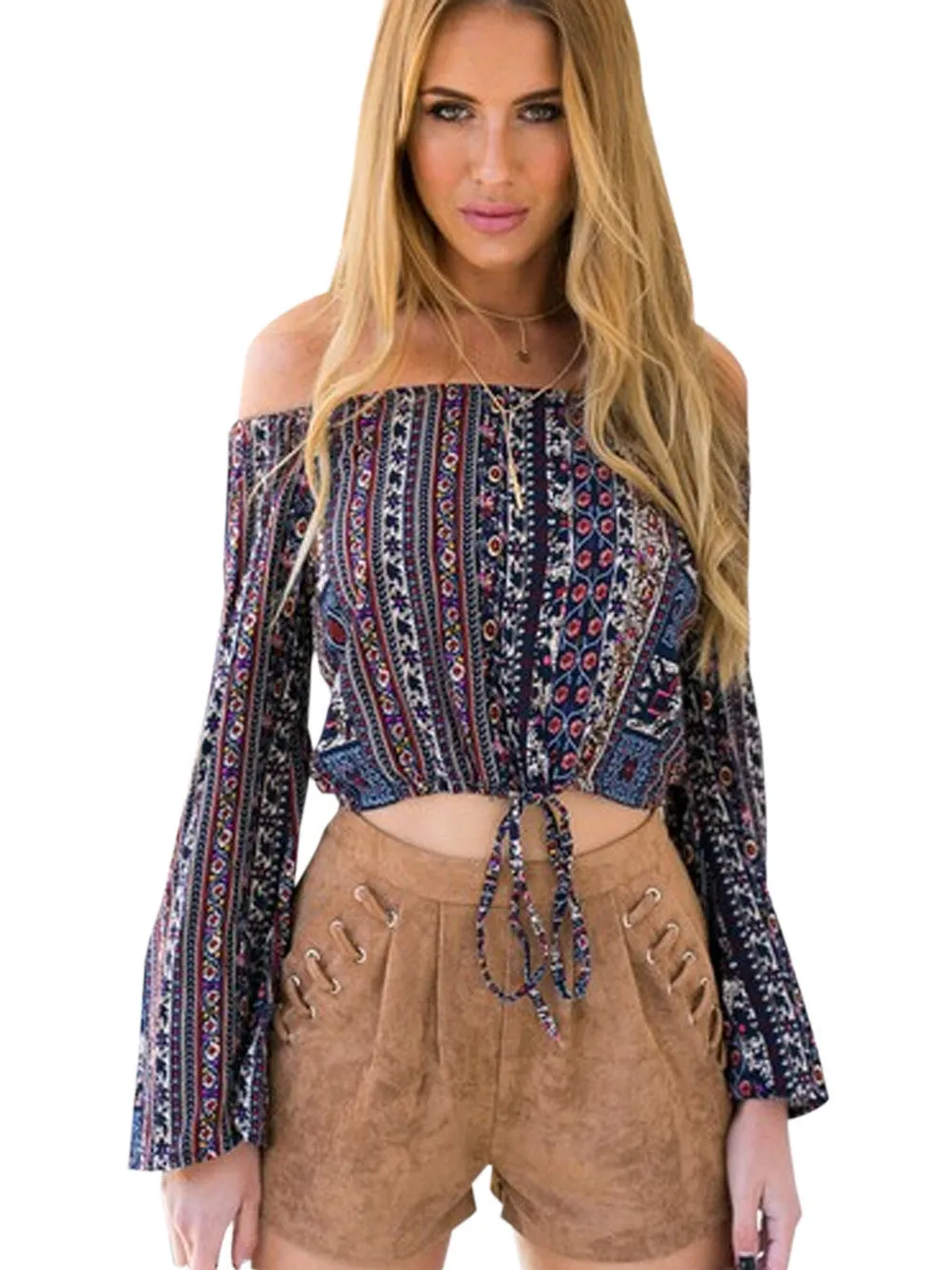 Boho Off Shoulder Blouse Tie Up Crop Top Cropped Long Sleeve Loose Striped Tribal Print Retro Ladies Plus Size