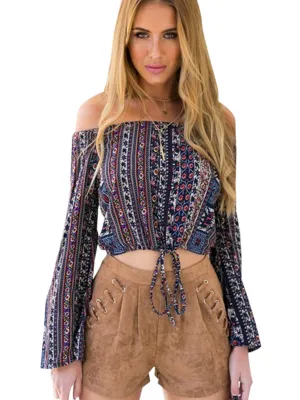 Boho Off Shoulder Blouse Tie Up Crop Top Cropped Long Sleeve Loose Striped Tribal Print Retro Ladies Plus Size
