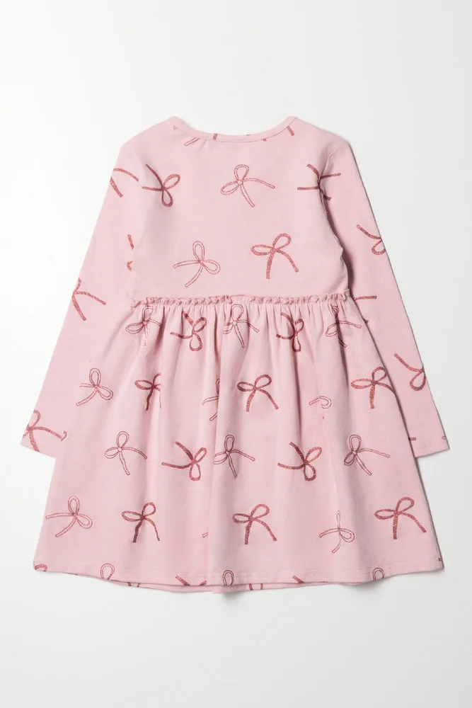Bow Fit And Flare Rib Dress Pink