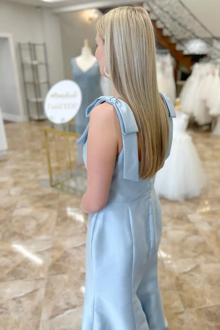 Bow Straps Light Blue Satin Long Bridesmaid Dress