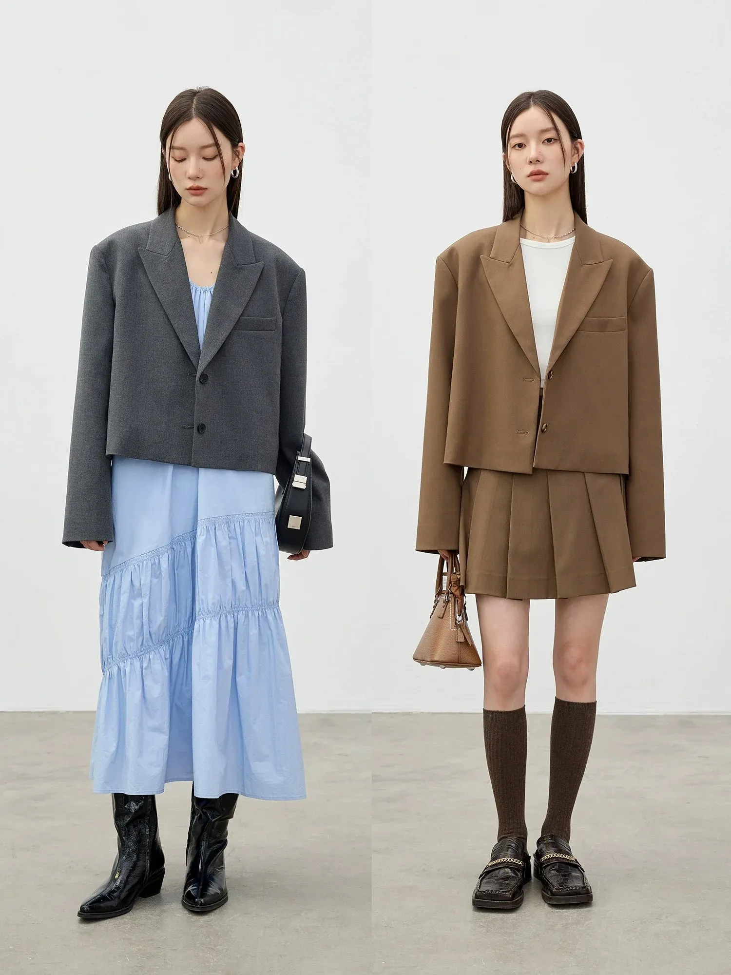 Boxy Pleated Skirt and Oversized Blazer Ensemble