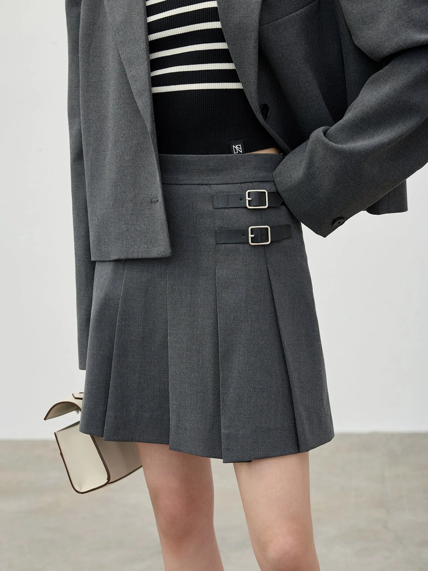 Boxy Pleated Skirt and Oversized Blazer Ensemble