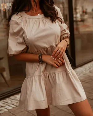 Brief Solid Puff Sleeve Casual Dress