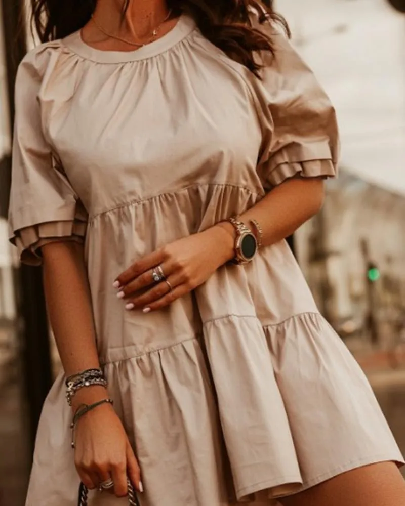 Brief Solid Puff Sleeve Casual Dress