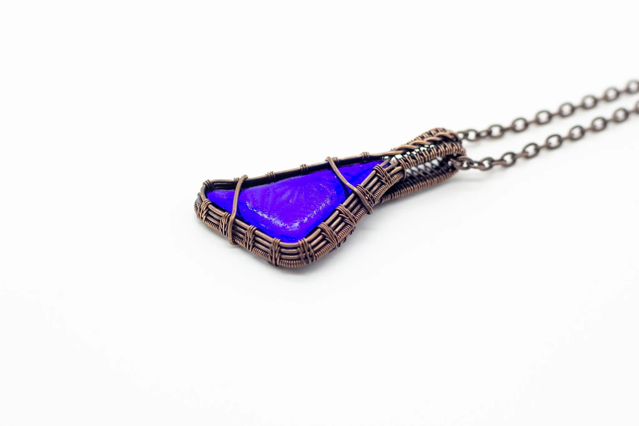Bright Blue Dichroic Fused Glass Pendant with Copper Wire Wrapping