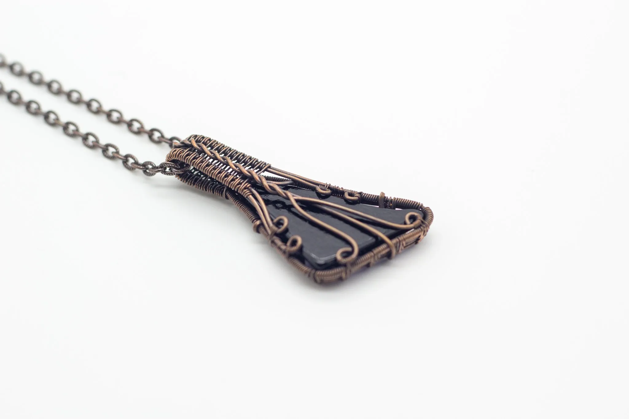 Bright Blue Dichroic Fused Glass Pendant with Copper Wire Wrapping