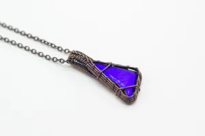 Bright Blue Dichroic Fused Glass Pendant with Copper Wire Wrapping