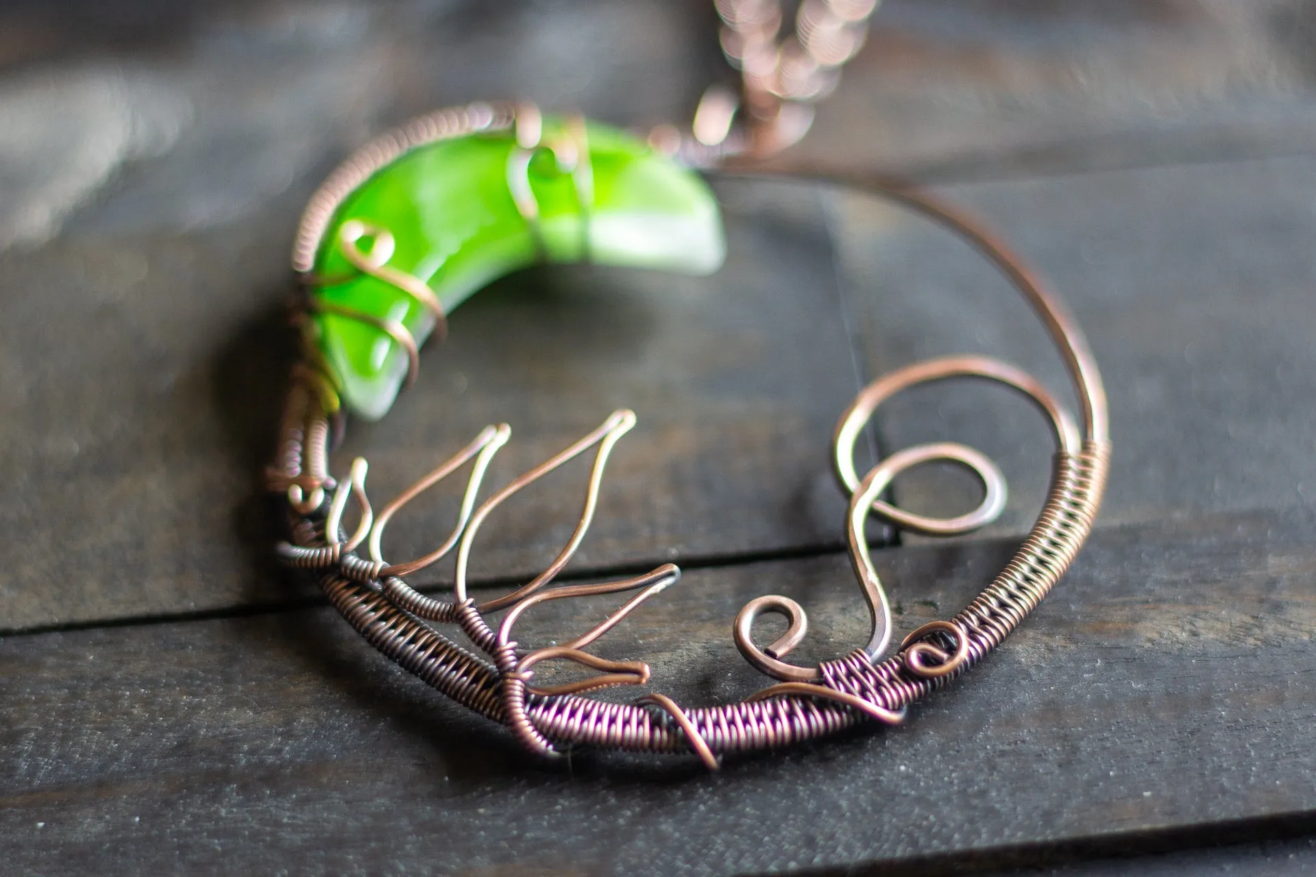 Bright Green Moon Pendant with Copper Wire Wrapping