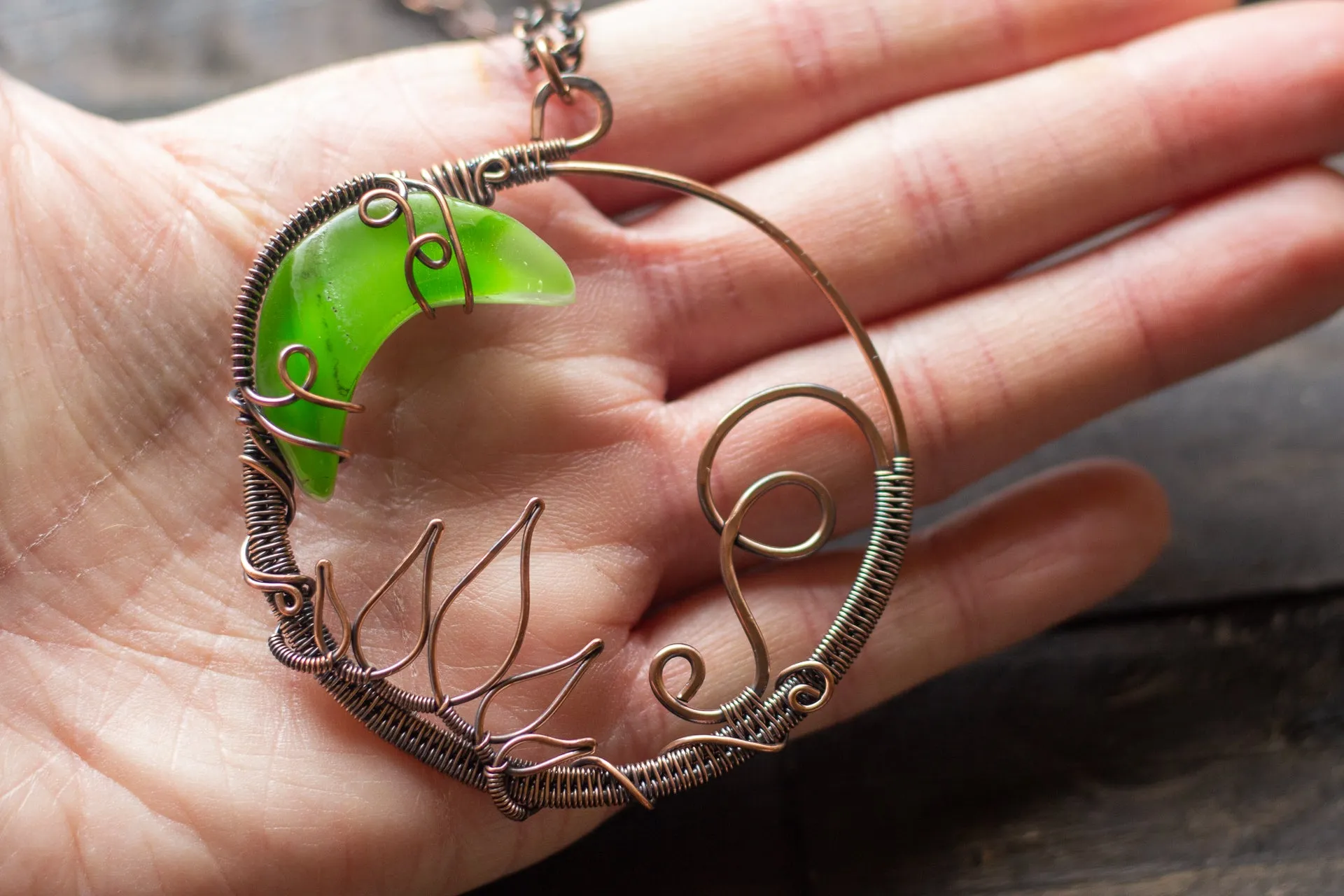 Bright Green Moon Pendant with Copper Wire Wrapping