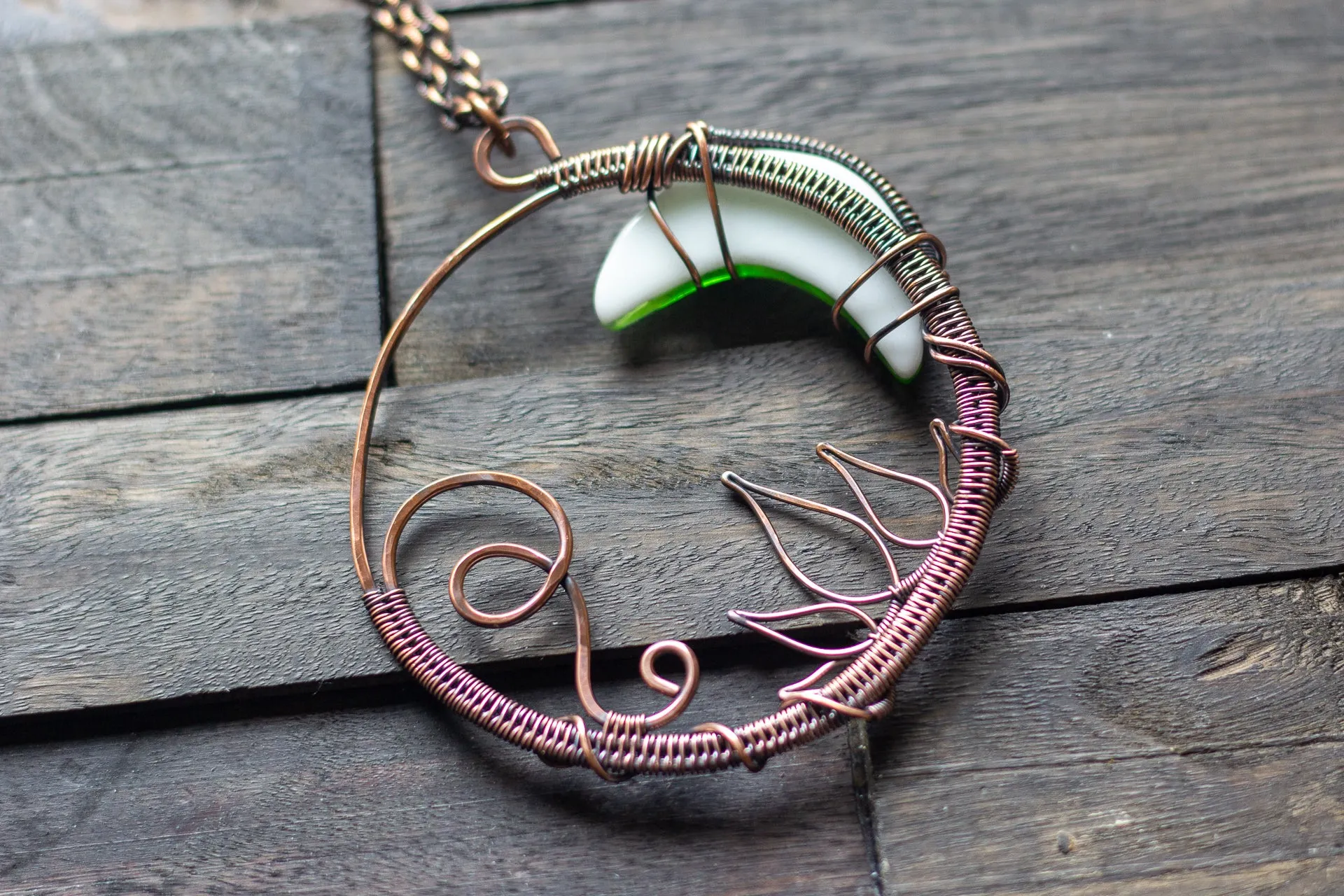 Bright Green Moon Pendant with Copper Wire Wrapping