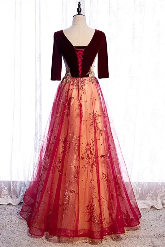 Burgundy A-line Gold Beaded Long Evening Dress