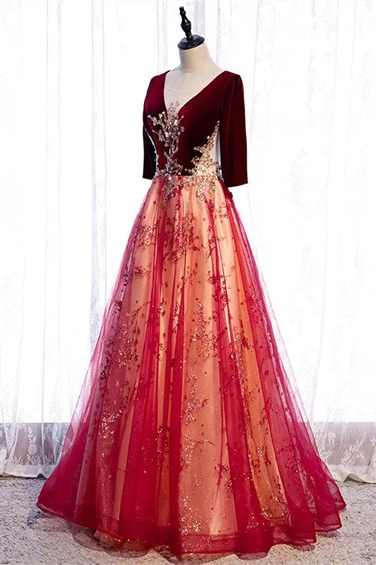 Burgundy A-line Gold Beaded Long Evening Dress