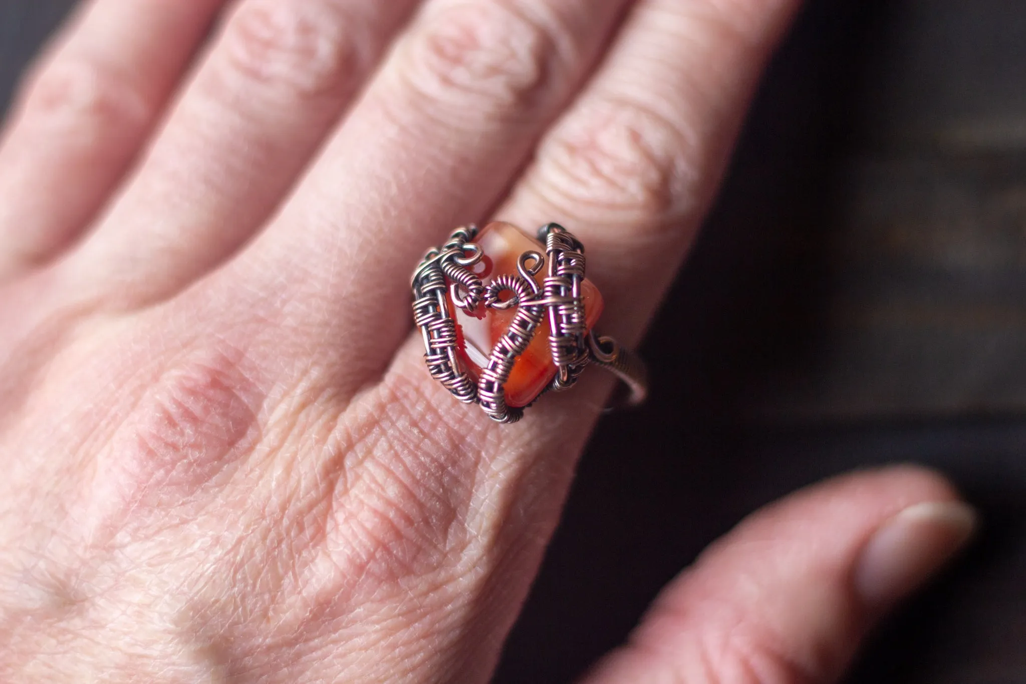 Burnt Orange Fused Glass and Copper Wire Ring