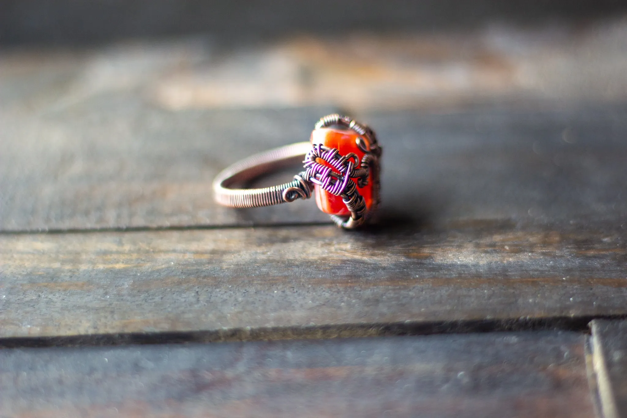 Burnt Orange Fused Glass and Copper Wire Ring