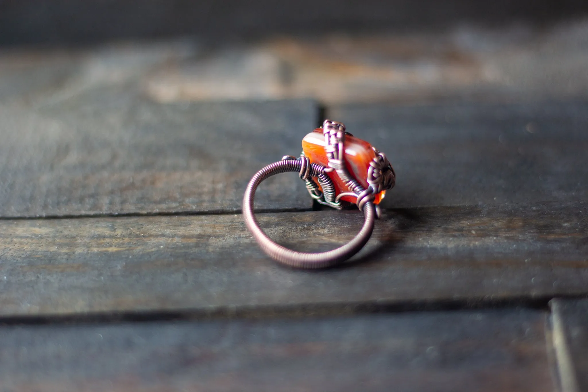 Burnt Orange Fused Glass and Copper Wire Ring