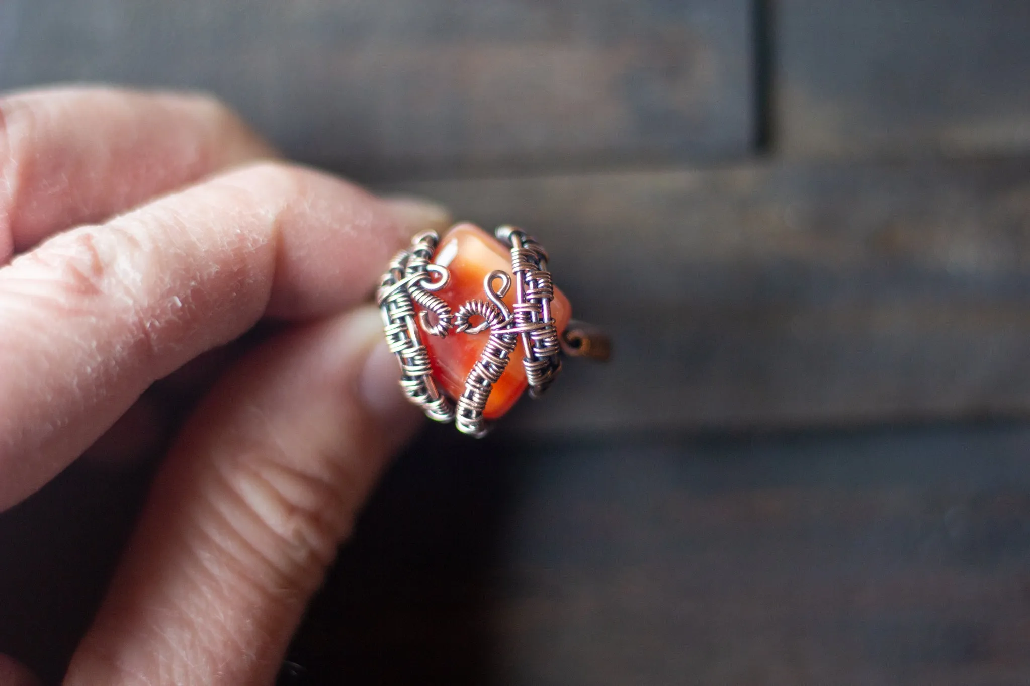 Burnt Orange Fused Glass and Copper Wire Ring