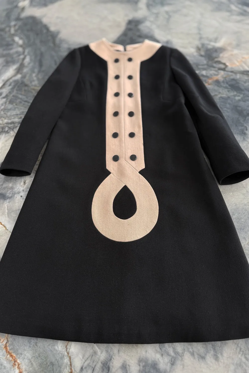 c. 1972 Pierre Cardin Black Wool Swing Dress w Taupe Inset & Glossy Black Buttons