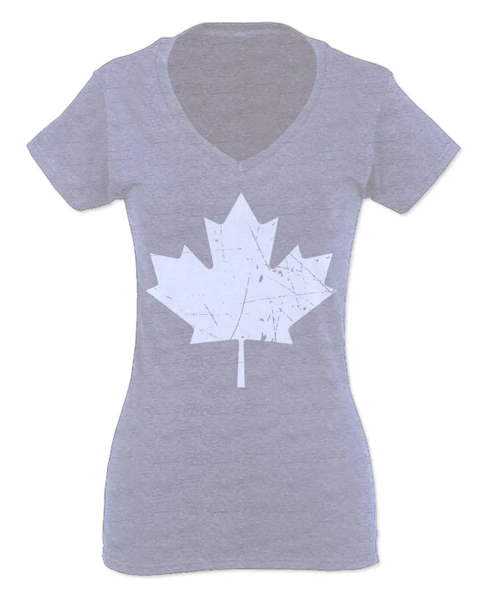 Canada Flag Maple Leaf Canadian Pride Retro Vintage Style For Women V neck fitted T Shirt