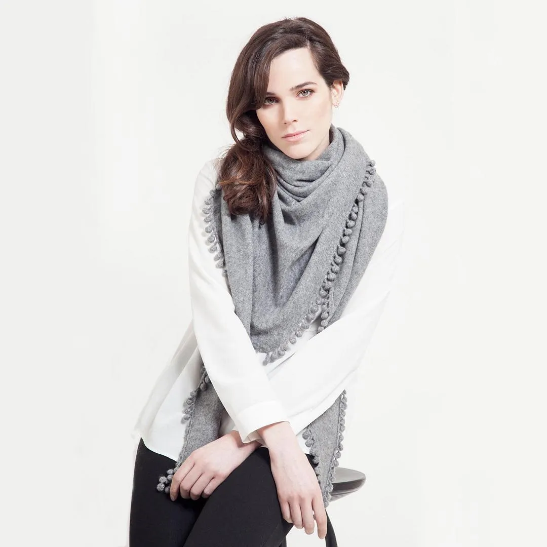 Cashmere Contrast Pom Pom Triangle Wrap in Sky/Ivory