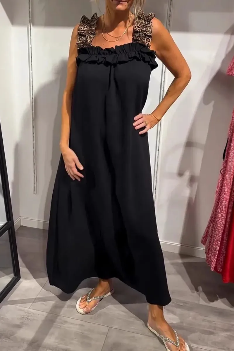 Casual Leopard Pocket Patchwork Flounce Square Neck Long Dresses(8 Colors)