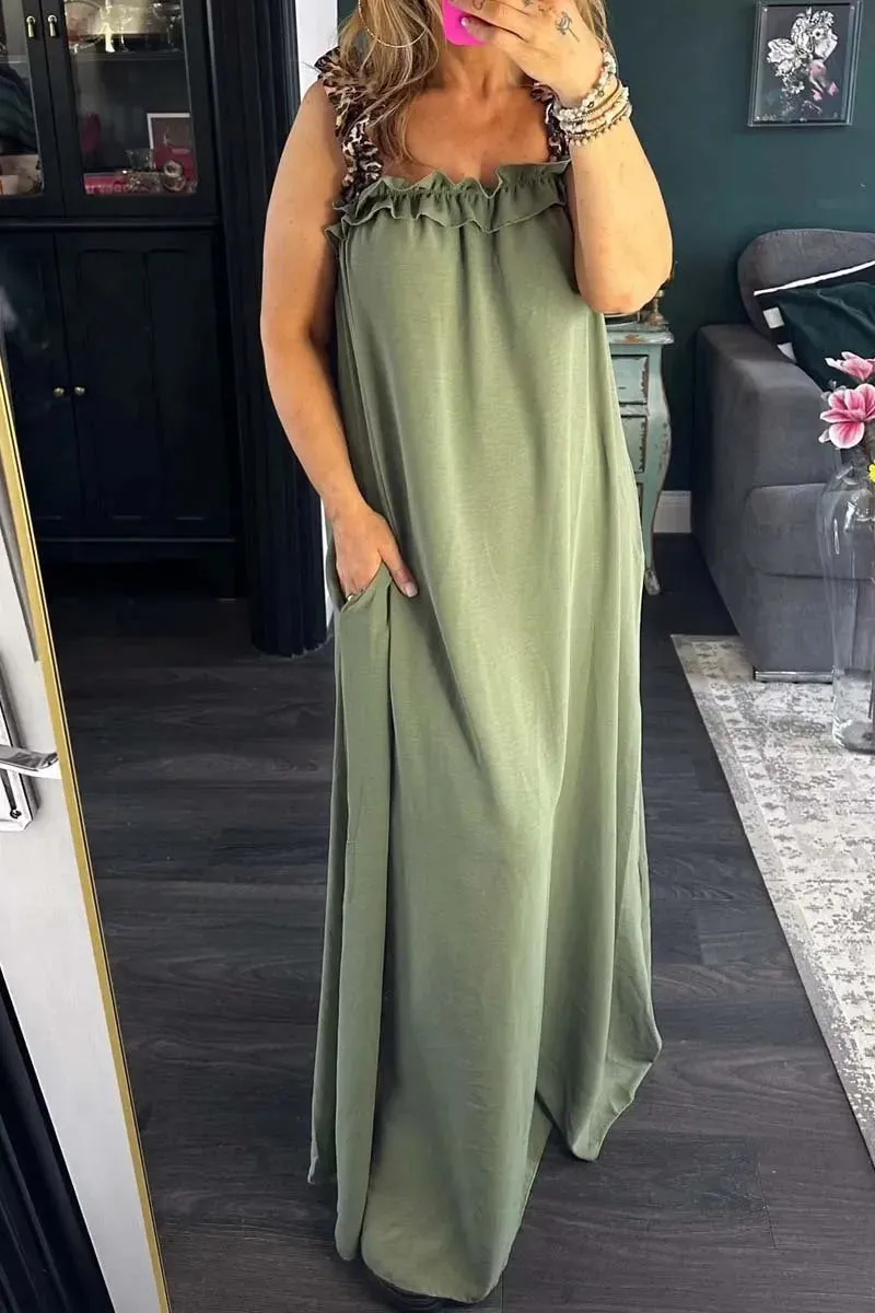 Casual Leopard Pocket Patchwork Flounce Square Neck Long Dresses(8 Colors)