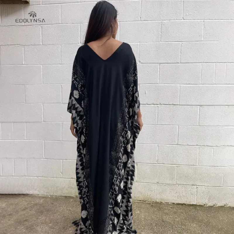 Casual Plus Size Long Kaftan Vintage V-Neck Batwing Sleeve Summer Women Beachwear Long Bathing Loose Maxi Dress A1059