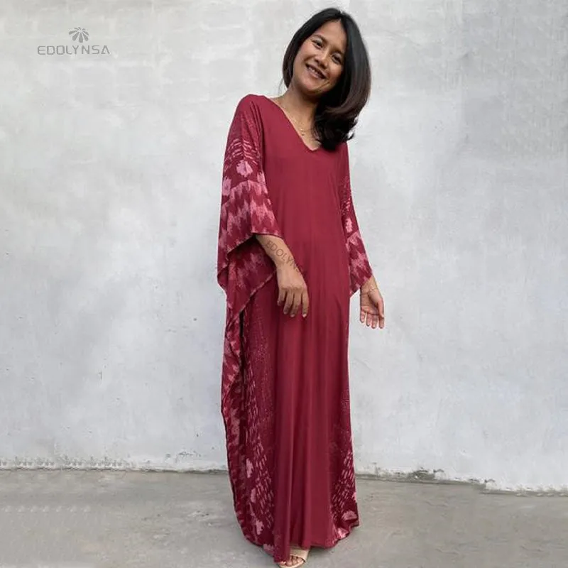 Casual Plus Size Long Kaftan Vintage V-Neck Batwing Sleeve Summer Women Beachwear Long Bathing Loose Maxi Dress A1059