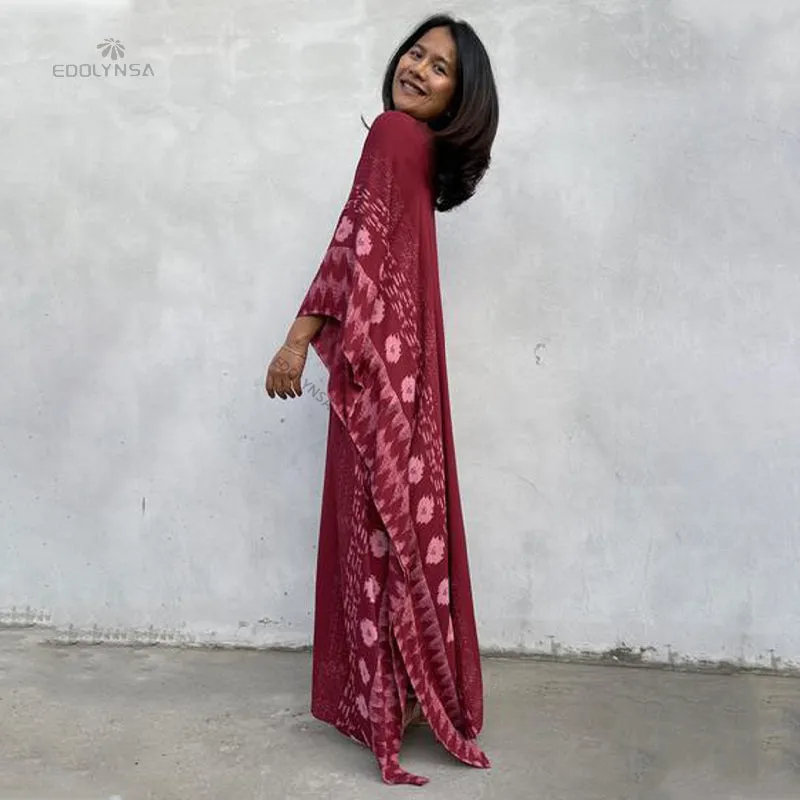 Casual Plus Size Long Kaftan Vintage V-Neck Batwing Sleeve Summer Women Beachwear Long Bathing Loose Maxi Dress A1059