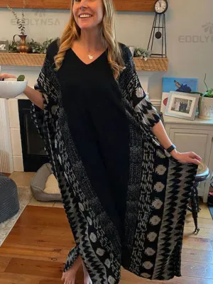 Casual Plus Size Long Kaftan Vintage V-Neck Batwing Sleeve Summer Women Beachwear Long Bathing Loose Maxi Dress A1059