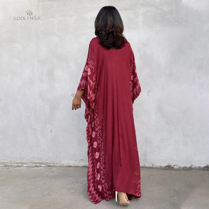 Casual Plus Size Long Kaftan Vintage V-Neck Batwing Sleeve Summer Women Beachwear Long Bathing Loose Maxi Dress A1059