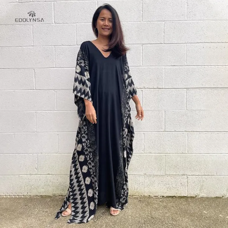 Casual Plus Size Long Kaftan Vintage V-Neck Batwing Sleeve Summer Women Beachwear Long Bathing Loose Maxi Dress A1059