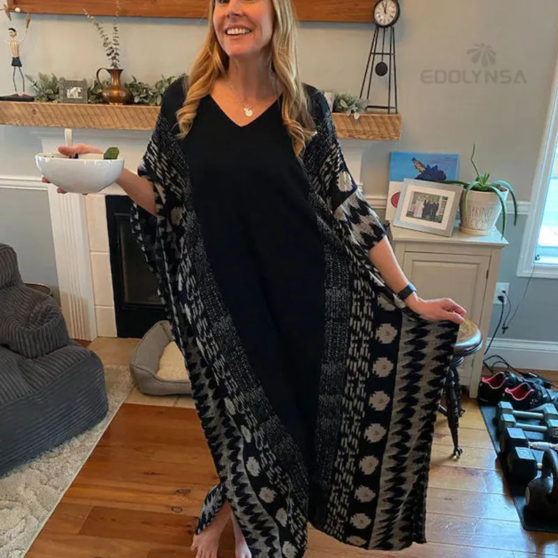 Casual Plus Size Long Kaftan Vintage V-Neck Batwing Sleeve Summer Women Beachwear Long Bathing Loose Maxi Dress A1059