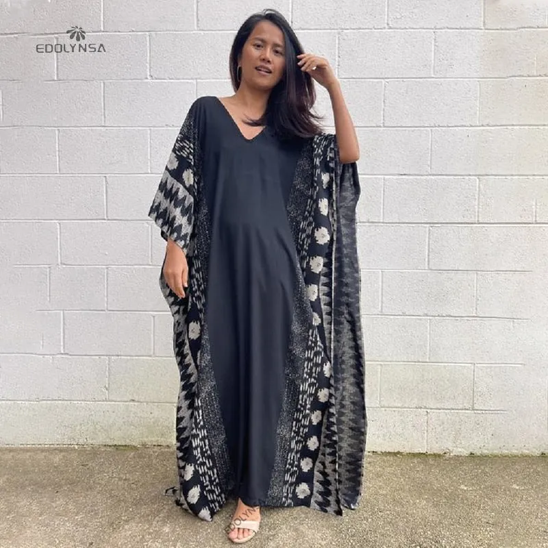 Casual Plus Size Long Kaftan Vintage V-Neck Batwing Sleeve Summer Women Beachwear Long Bathing Loose Maxi Dress A1059
