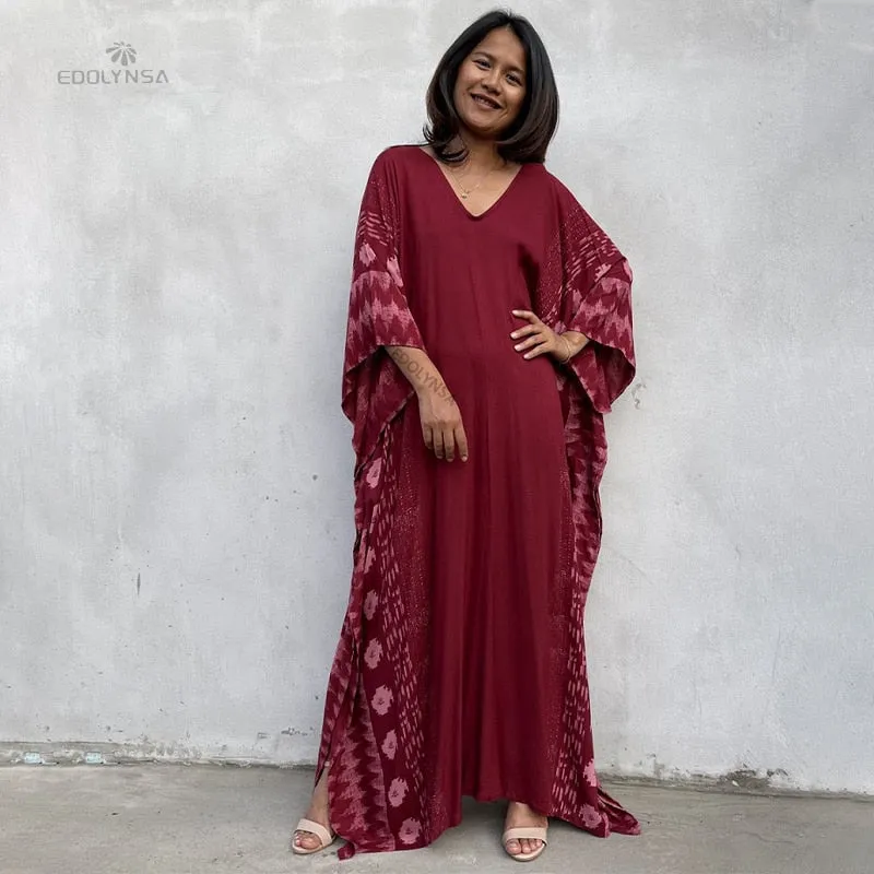 Casual Plus Size Long Kaftan Vintage V-Neck Batwing Sleeve Summer Women Beachwear Long Bathing Loose Maxi Dress A1059